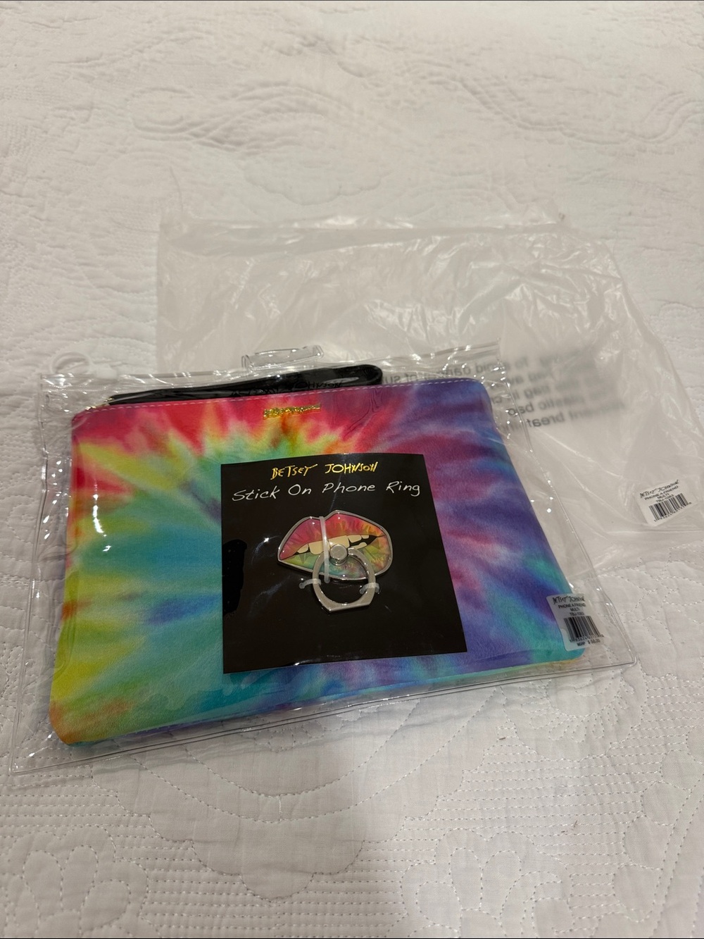 Brand New Betsey Johnson Multicolor Tie-Dye Wristlet Pouch with Lip Phone Ring